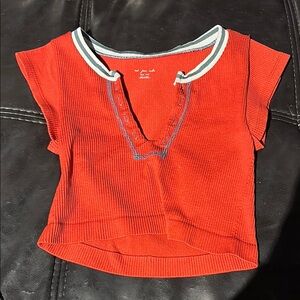 Urban Outfitters Red Crop Top with Short Sleeves and Striped Collar